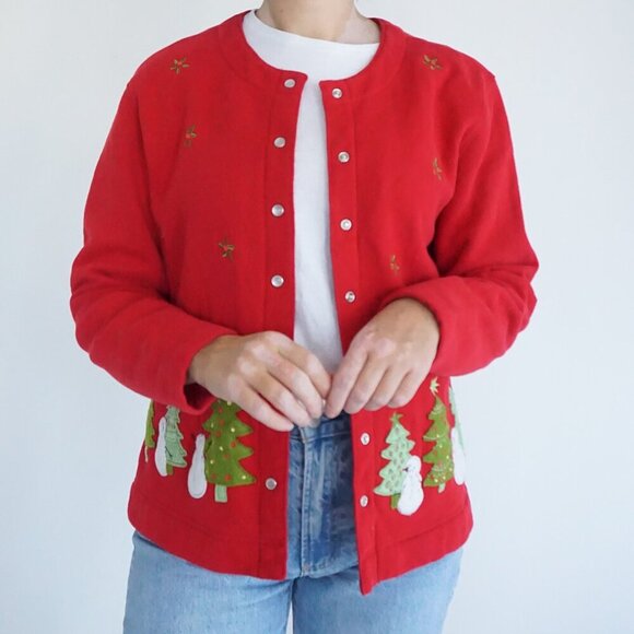 Vintage Classic Elements Red Embroidered Christmas Snowman Button Cardigan M - Picture 2 of 11